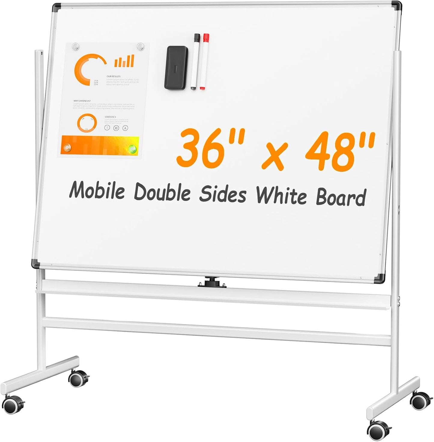 VUSIGN Rolling Whiteboard, 48 x 36 Inches Double Side White Board Dry Erase on Wheels, Easy-to-Wipe White Board with Stand, Large Aluminum Frame Magnetic Whiteboard for Office, Home, School